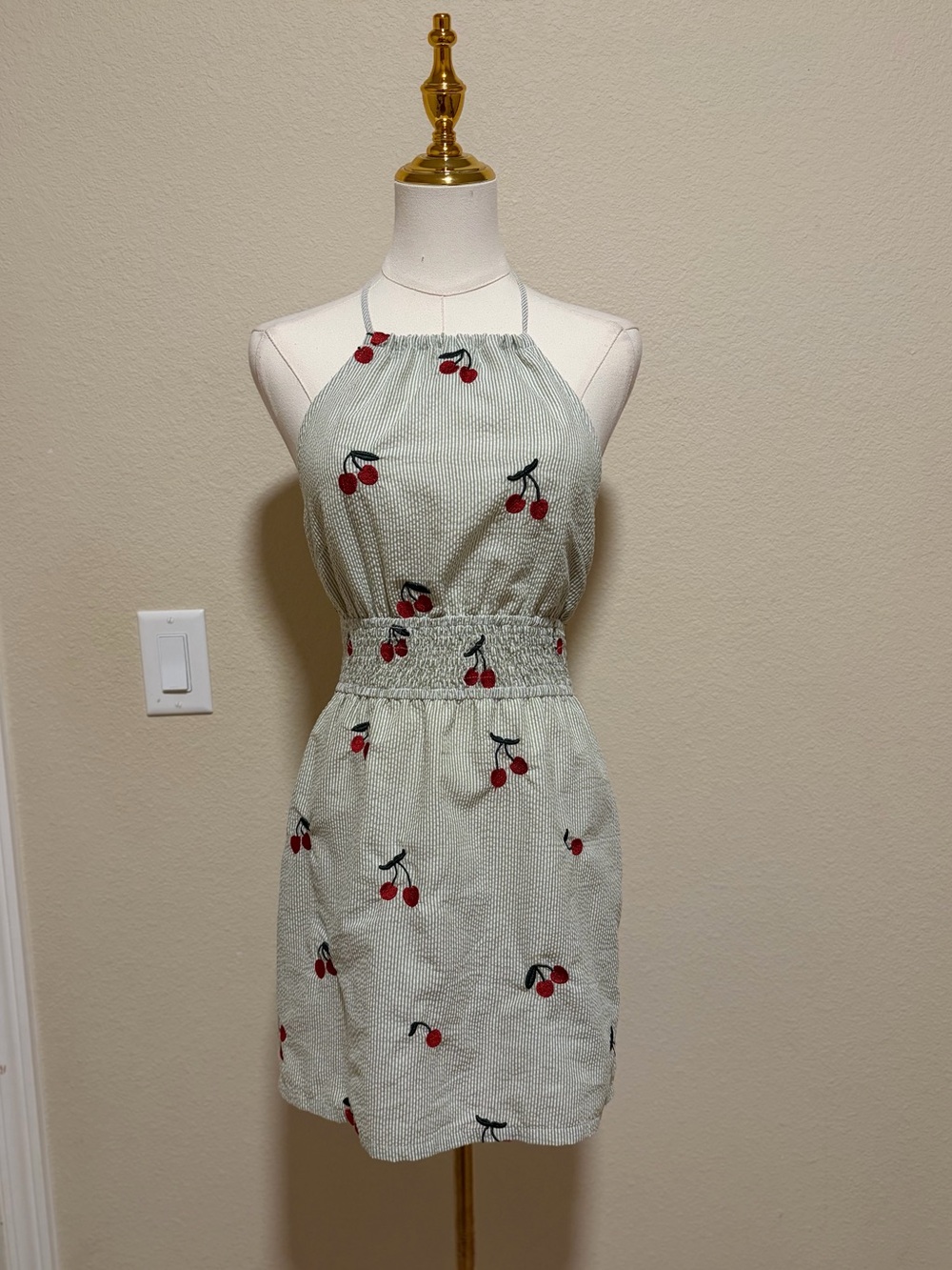 Urban Outfitters Mint Green Halter Mini Dress with Red Cherry Print